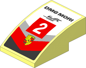 Slope Brick Curved  3 x  2 with Porsche Logo in Black, Red and Grey Stripes and White "2" in Red Square on White Background Sticker