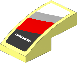 Slope Brick Curved  2 x  1 with Black Trapezoid with White "DMG MORI" and Red Stripe on White Background Right Sticker