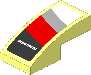 Slope Brick Curved  2 x  1 with Black Trapezoid with White "DMG MORI" and Red Stripe on White Background Left Sticker