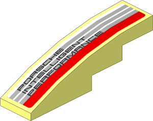 Slope Brick Curved  4 x  1 with Black "PORSCHE INTELLIGENT PERFORMANCE" on Grey Stripes and Red Stripe on White Background Left Sticker