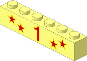Brick  1 x  6 with Red "1" and Four Stars with Yellow Borders Pattern