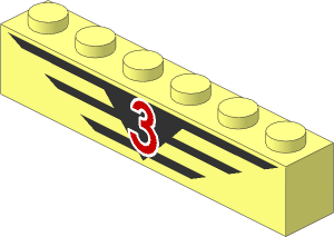 Brick  1 x  6 with Red "3" and Black Stripes Pattern