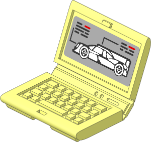 Minifig Computer Laptop with Black Car and Indicators on Grey Background Sticker (Open)