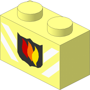 Brick  1 x  2 with Fire Logo and White Diagonal Stripes Pattern