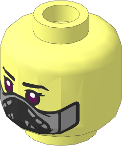 Minifig Head with Black Eyebrows, Dark Azure Eyes, Reddish Brown Lips and Cheek Lines / Silver Mask 2-Sided Pattern