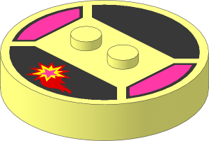 ~Electric Brick  4 x  4 x  0.667 Round - Top with  2 Studs with Medium Lilac, Yellow and Red Star Pattern