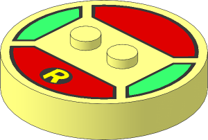 Brick  4 x  4 x  0.667 Round with RFID Tag and  2 Studs with Yellow "R" in Black Oval Pattern