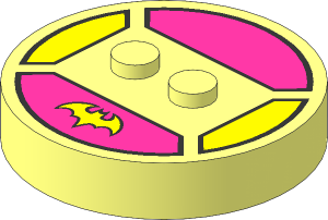 Brick  4 x  4 x  0.667 Round with RFID Tag and  2 Studs with Yellow Bat Logo Pattern