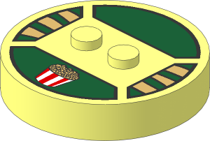 ~Electric Brick  4 x  4 x  0.667 Round - Top with  2 Studs with Red and White Popcorn Bucket and Tan Stripes Pattern
