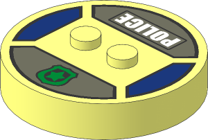 Brick  4 x  4 x  0.667 Round with RFID Tag and  2 Studs with Police Badge and white "POLICE" Pattern
