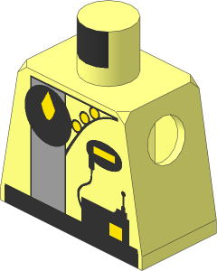 Minifig Torso with Space Exploriens Logo and Radio, Light Grey Stripe, Yellow Buttons, Black Belt Pattern