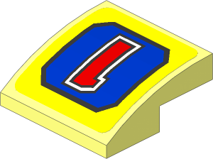 Slope Brick Curved  2 x  2 x  0.667 with Red Number '1' on Blue Panel on Yellow Background Sticker