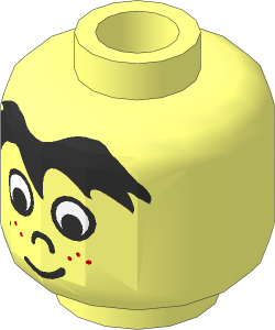 Minifig Head with Black Hair, White Eyes, Nose, Red Freckles, Lopsided Grin Pattern