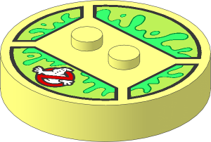~Electric Brick  4 x  4 x  0.667 Round - Top with  2 Studs with Ghostbusters Logo and Bright Green Smile on Lime Background Pattern