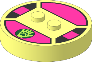 ~Electric Brick  4 x  4 x  0.667 Round - Top with  2 Studs with Paw Print on Lime Hand and Magenta Stripes Pattern