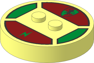 ~Electric Brick  4 x  4 x  0.667 Round - Top with  2 Studs with Hogwarts Gryffindor Crest and Lightning Bolt Pattern
