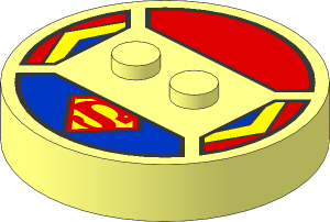 Brick  4 x  4 x  0.667 Round with RFID Tag and  2 Studs with Superman Logo and Red, Yellow and Blue Stripes Pattern