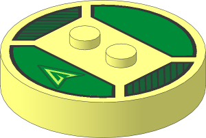 ~Electric Brick  4 x  4 x  0.667 Round - Top with  2 Studs with Lime Stylized "G" in Arrowhead Pattern