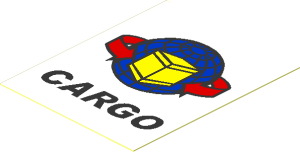 Sticker  2.0 x  1.6 with Blue Globe, Yellow Box and Curved Arrows and Black "CARGO"