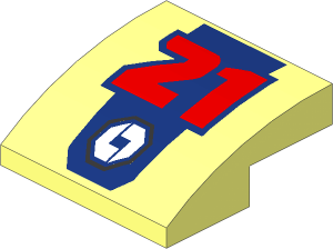 Slope Brick Curved  2 x  2 x  0.667 with Red Number '21' and White Logo on Dark Blue Stripe Pattern