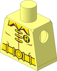 Minifig Torso with  3 Yellow Clasps, Collar, Belt and "R" on Black Oval Pattern