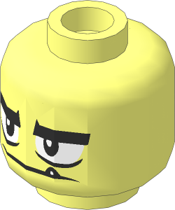 Minifig Head with Wide Eyes, Large Eyebrows and Happy/Grumpy Mouth with Single Tooth 2-Sided Pattern