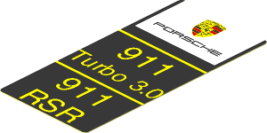 Sticker  3.8 x  1.8 with Porsche Badge in White Square and Yellow Text on Black Background