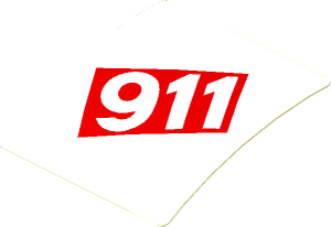 Sticker  1.8 x  1.9 with White 911 in Red Square on White Background (Formed)