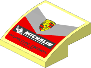 Slope Brick Curved  2 x  2 x  0.667 with Logos and Grey and Red Stripes on White Background Sticker
