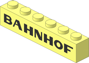Brick  1 x  6 with Black "BAHNHOF" Sans-Serif Pattern