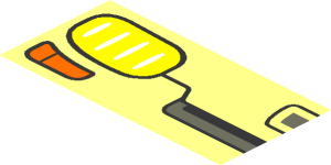 ~Tile  1 x  4 with Dark Bluish Grey Vehicle Grille and Trapezoidal Logo, and Yellow and Orange Headlights Pattern - Half