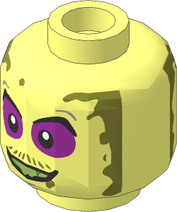 Minifig Head with Purple Eye Shadow, Dirt Stains and Smile/Angry 2-Sided Pattern