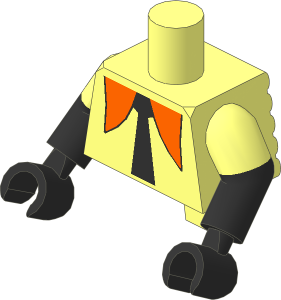 Minifig Torso Short with Ridged Extended Back with Dual Mould Arms and Hands with Orange Collar and Black Tie Pattern