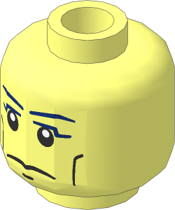 Minifig Head with Dark Blue Eyebrows, Cheek Lines, Frown and Chin Dimple Pattern
