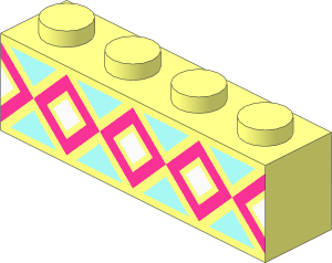Brick  1 x  4 with White Squares, Dark Turquoise Triangles and Dark Pink Lines Pattern