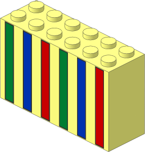 Brick  2 x  6 x  3 with Green, Blue and Red Vertical Stripes Pattern