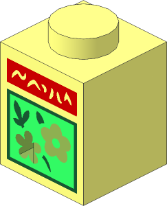 Brick  1 x  1 with Bright Light Yellow Flowers on Bright Green Square and Red Bar with White Text Pattern