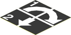 Sticker  1.9 x  1.9 with White Arrows Curved Clockwise and Down, Numbers One and Two on Black Background