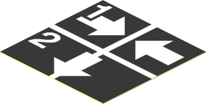 Sticker  1.9 x  1.9 with White Arrows Right, Left and Down, Numbers One and Two on Black Background