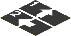 Sticker  1.9 x  1.9 with White Arrows Up and Left, Numbers One and Two on Black Background