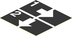 Sticker  1.9 x  1.9 with White Arrows Right and Down, Numbers One and Two on Black Background
