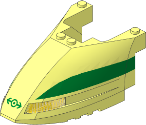 Train Front  6 x 10 x  3.667 Triple Curved Wedge with Trans Yellow Prism with Green Train Logo and Stripe on Side Pattern