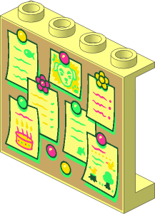Panel  1 x  4 x  3 with Tan Bulletin Board, Notes with Bright Green, Dark Pink and Yellow Pins Pattern