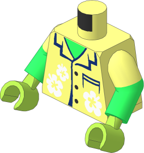 Minifig Torso with Dual Mould Arms and Hands with Hawaiian Shirt with Black Buttons and White Flowers and Turtle Shell on Back Pattern