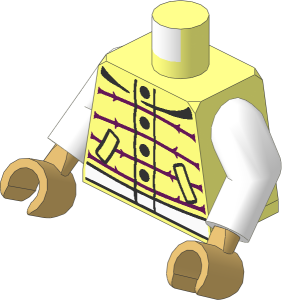 Minifig Torso with Arms and Hands with Vest with Black Pockets and Buttons, Dark Azure Stripes and White Waistband Pattern