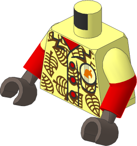 Minifig Torso with Dual Mould Arms and Hands with Hawaiian Shirt with Medium Azure Leaves, Medium Nougat Buttons and Bright Light Orange Pin Pattern