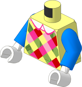 Minifig Torso with Arms and Hands with Bright Pink/Bright Light Blue/Bright Light Yellow Diagonal Checkered Shirt and White Collar Pattern