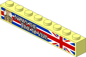 Brick  1 x  8 with Big Ben Tower and White "NOW'S THE TIME TO VISIT" on United Kingdom Flag Background Sticker
