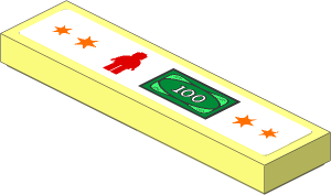 Tile  1 x  4 with Orange Stars, Red Minifigure and "100" Money on White Background Sticker