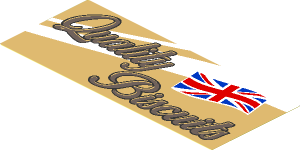 Sticker  6.3 x  2.7 with "Quality Biscuits" and United Kingdom Flag on Tan Background